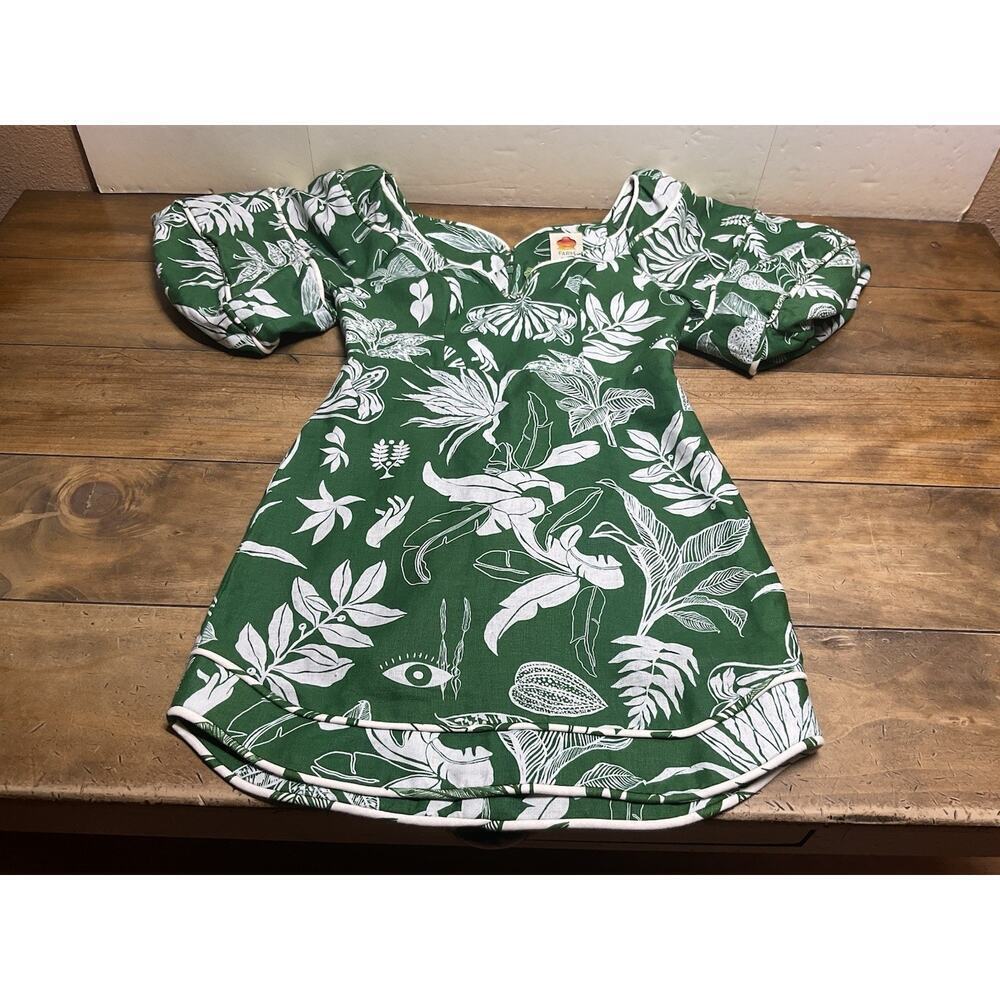 Farm Rio Forest Soul Mini Dress Linen Green Size Small Puff Sleeve NWT